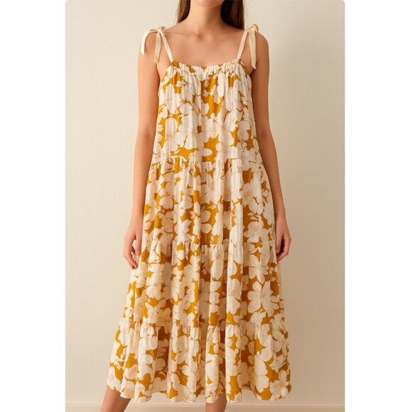 Mon Renn Floral Tiered Maxi Dress Yellow White Tie Straps Size Small - Picture 1 of 6